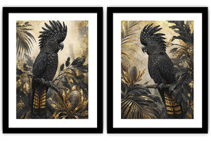 Black Cockatoo Botanical Diptych Wall Art 2 Piece Art Set