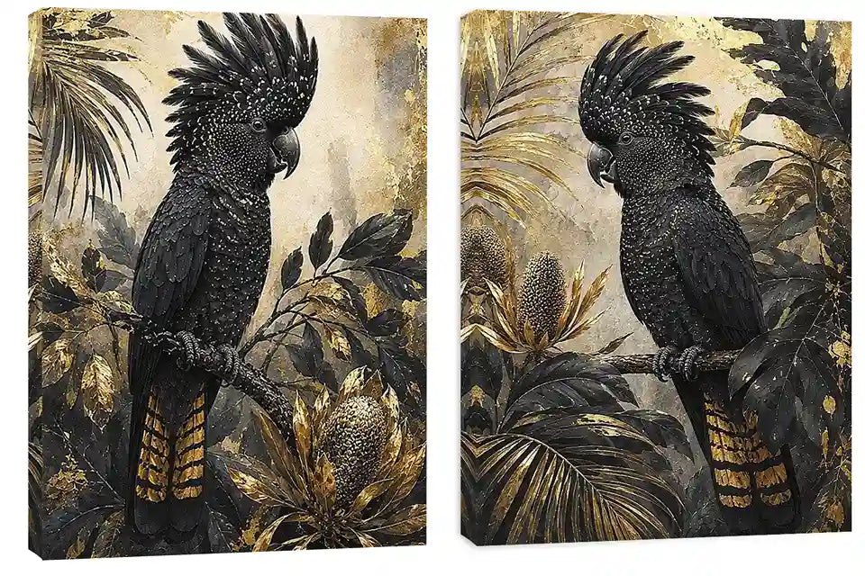 Black Cockatoo Botanical Diptych Wall Art 2 Piece Art Set