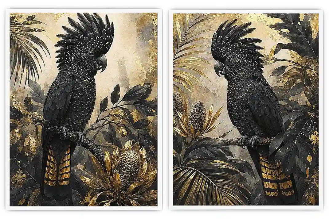 Black Cockatoo Botanical Diptych Wall Art 2 Piece Art Set