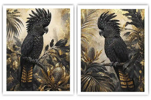 Black Cockatoo Botanical Diptych Wall Art 2 Piece Art Set