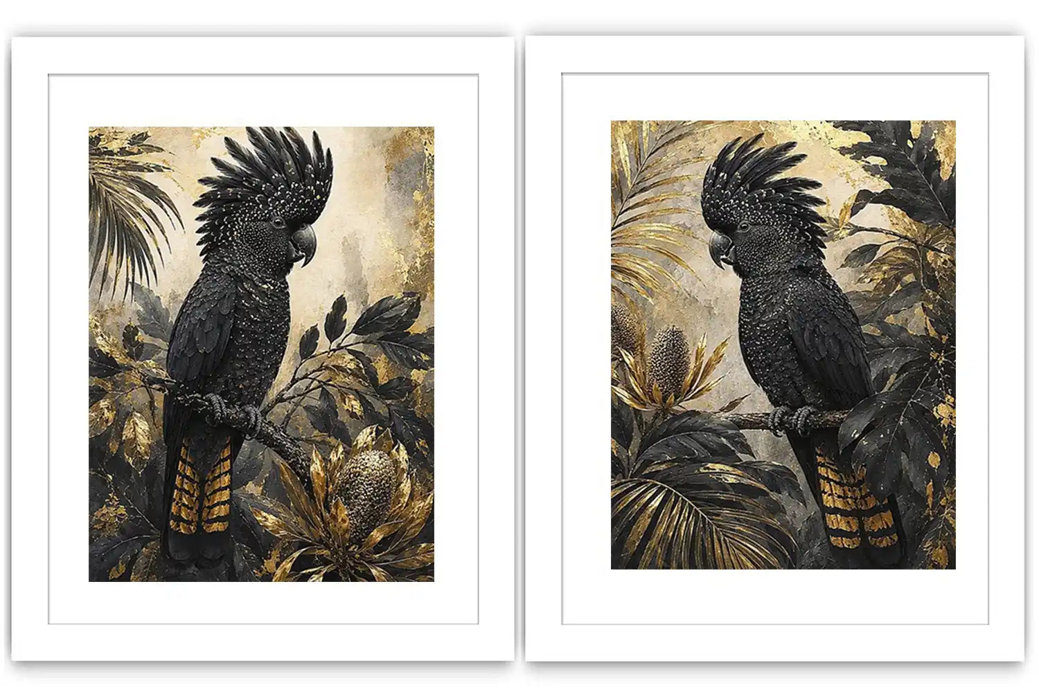 Black Cockatoo Botanical Diptych Wall Art 2 Piece Art Set