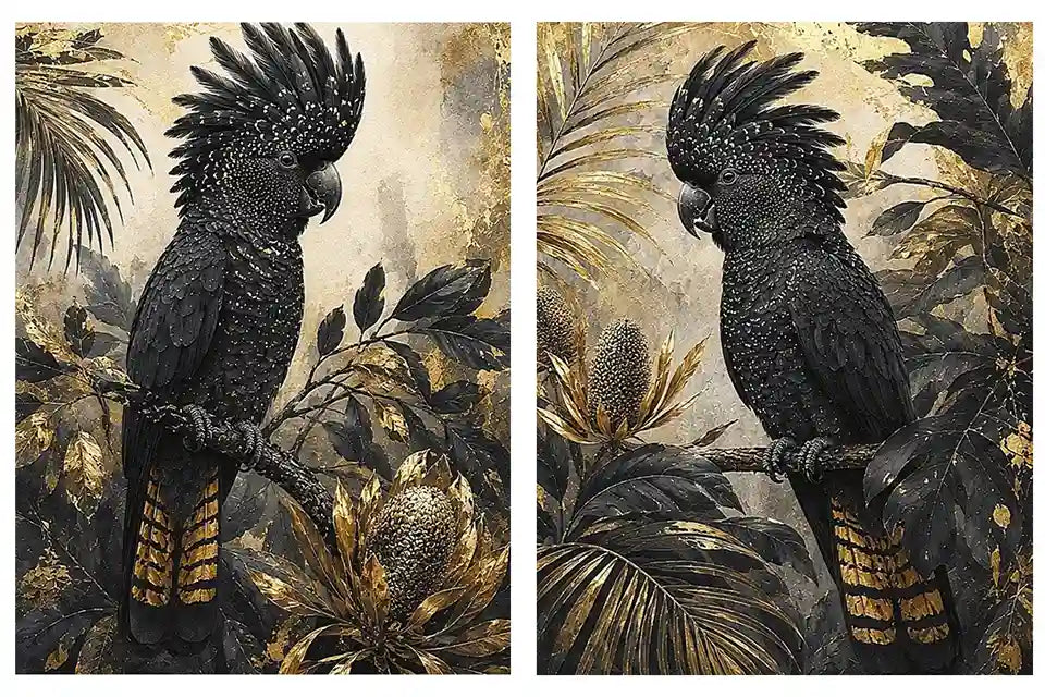 Black Cockatoo Botanical Diptych Wall Art 2 Piece Art Set