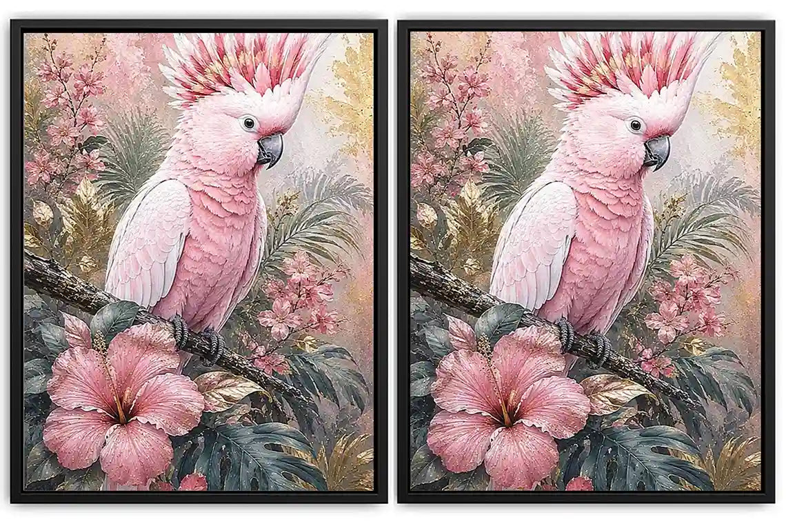 Pink Cockatoo Tropical Floral Diptych Wall Art 2 Piece Art Set