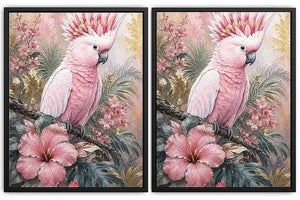 Pink Cockatoo Tropical Floral Diptych Wall Art 2 Piece Art Set