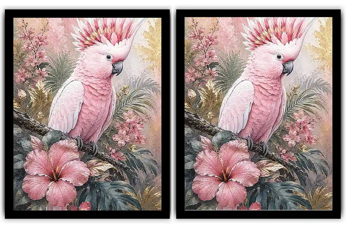 Pink Cockatoo Tropical Floral Diptych Wall Art 2 Piece Art Set