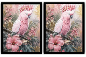 Pink Cockatoo Tropical Floral Diptych Wall Art 2 Piece Art Set