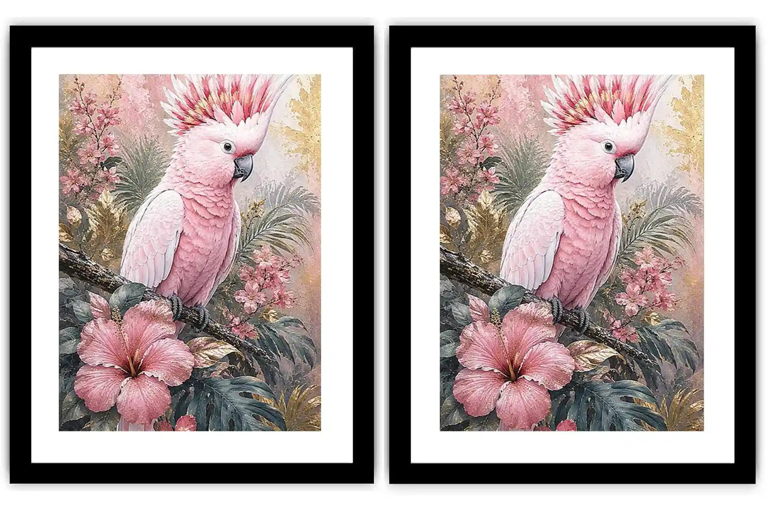 Pink Cockatoo Tropical Floral Diptych Wall Art 2 Piece Art Set