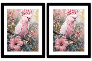 Pink Cockatoo Tropical Floral Diptych Wall Art 2 Piece Art Set