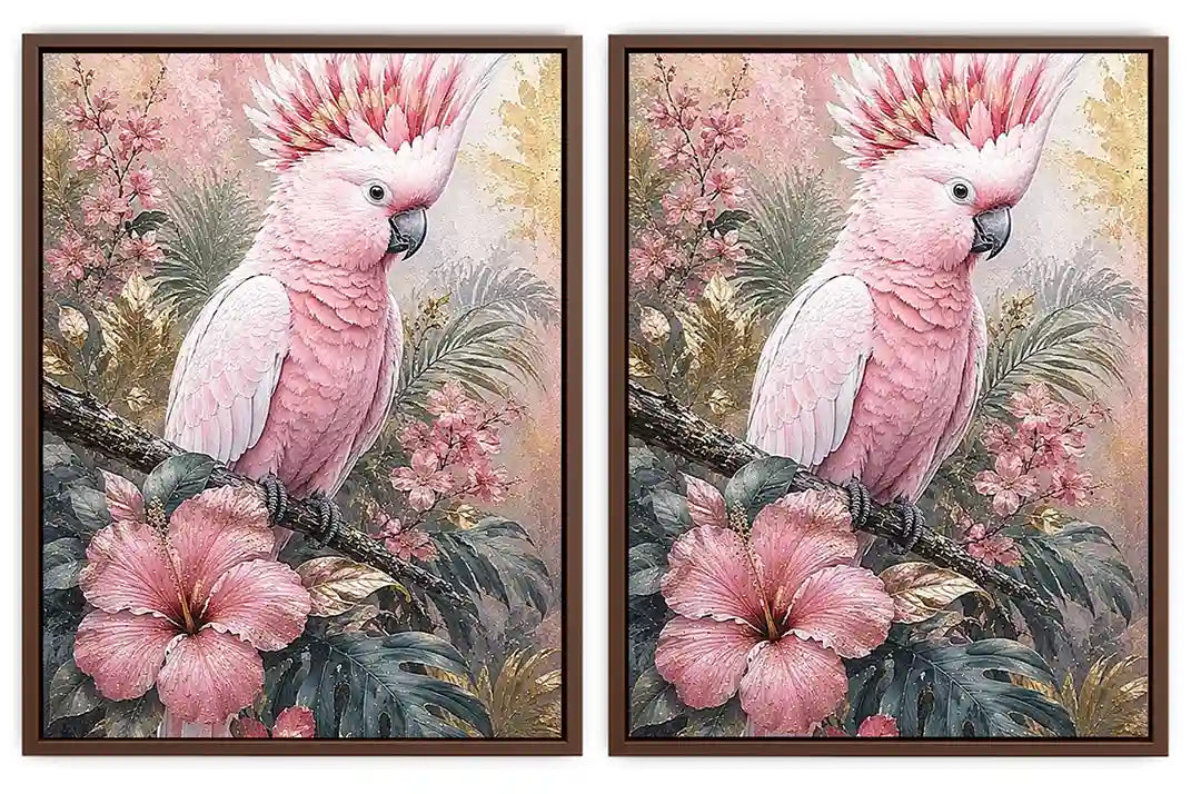 Pink Cockatoo Tropical Floral Diptych Wall Art 2 Piece Art Set
