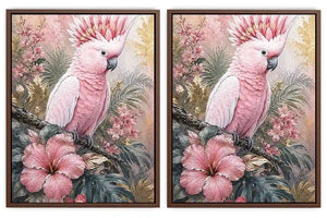 Pink Cockatoo Tropical Floral Diptych Wall Art 2 Piece Art Set
