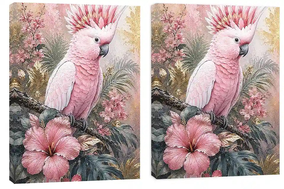 Pink Cockatoo Tropical Floral Diptych Wall Art 2 Piece Art Set