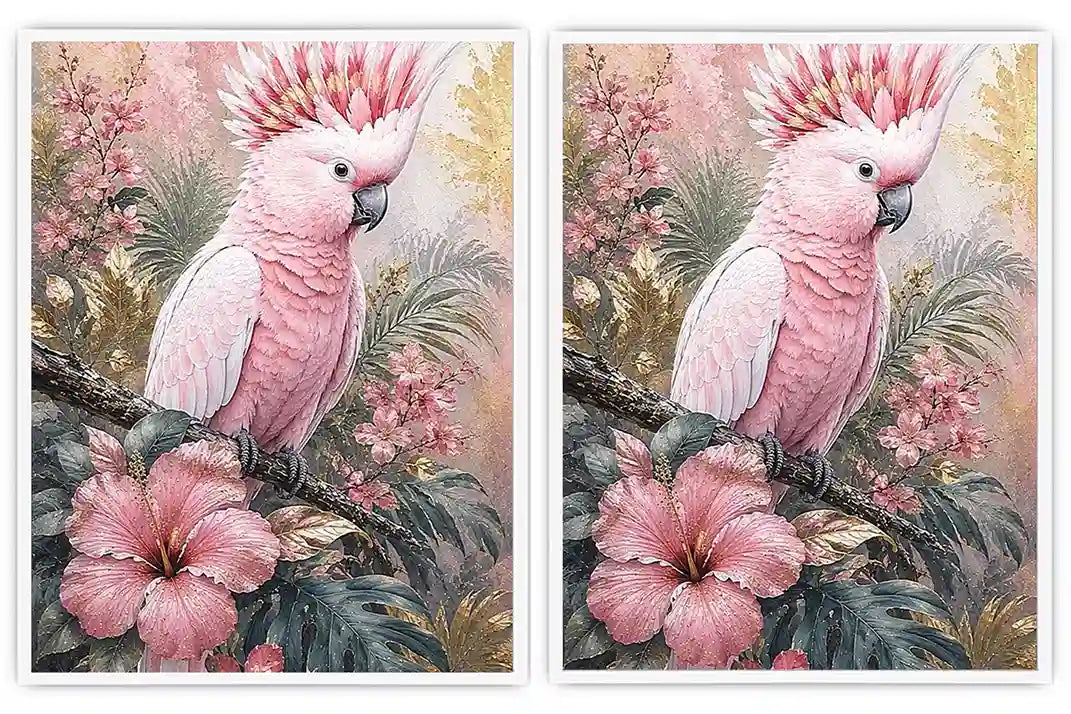 Pink Cockatoo Tropical Floral Diptych Wall Art 2 Piece Art Set