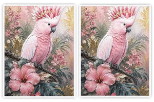 Pink Cockatoo Tropical Floral Diptych Wall Art 2 Piece Art Set