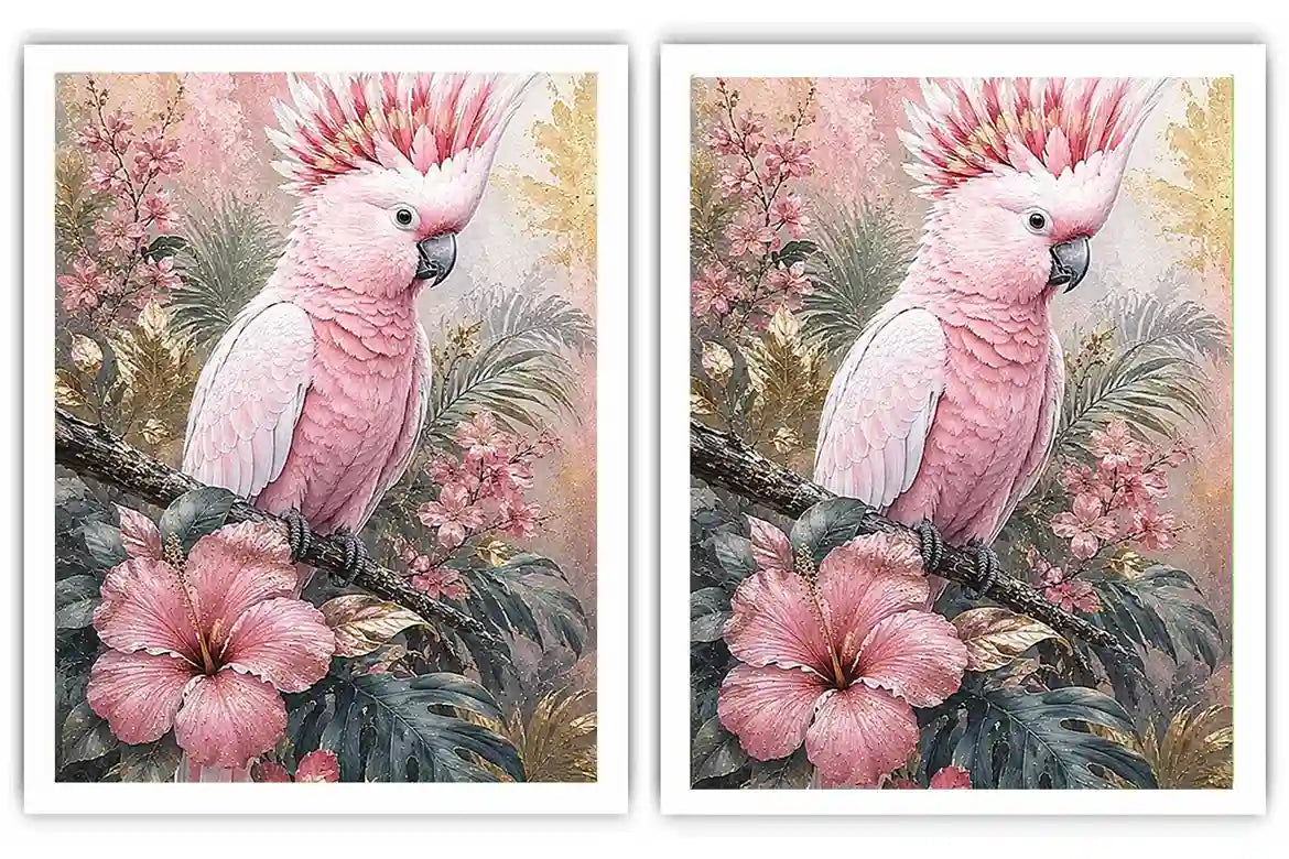 Pink Cockatoo Tropical Floral Diptych Wall Art 2 Piece Art Set