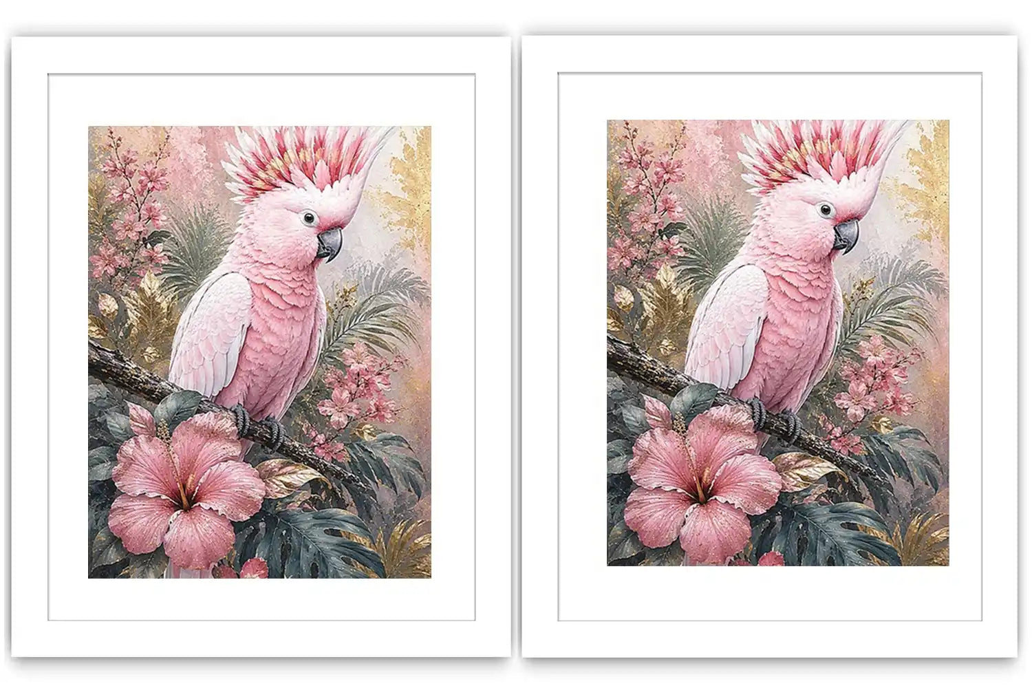Pink Cockatoo Tropical Floral Diptych Wall Art 2 Piece Art Set