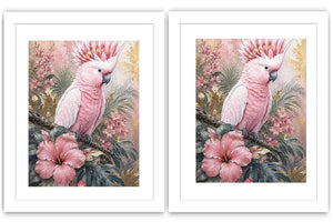 Pink Cockatoo Tropical Floral Diptych Wall Art 2 Piece Art Set