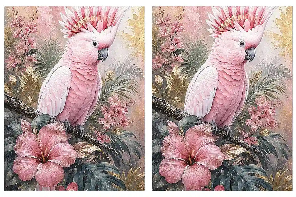 Pink Cockatoo Tropical Floral Diptych Wall Art 2 Piece Art Set