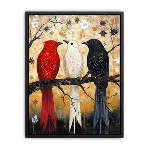 Rustic three birds Canvas Print with red black and white tones