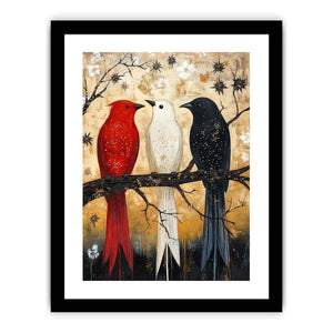 Rustic three birds Canvas Print with red black and white tones
