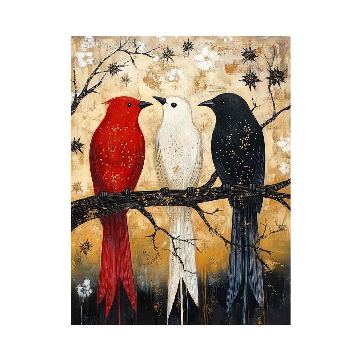 Rustic three birds Canvas Print with red black and white tones