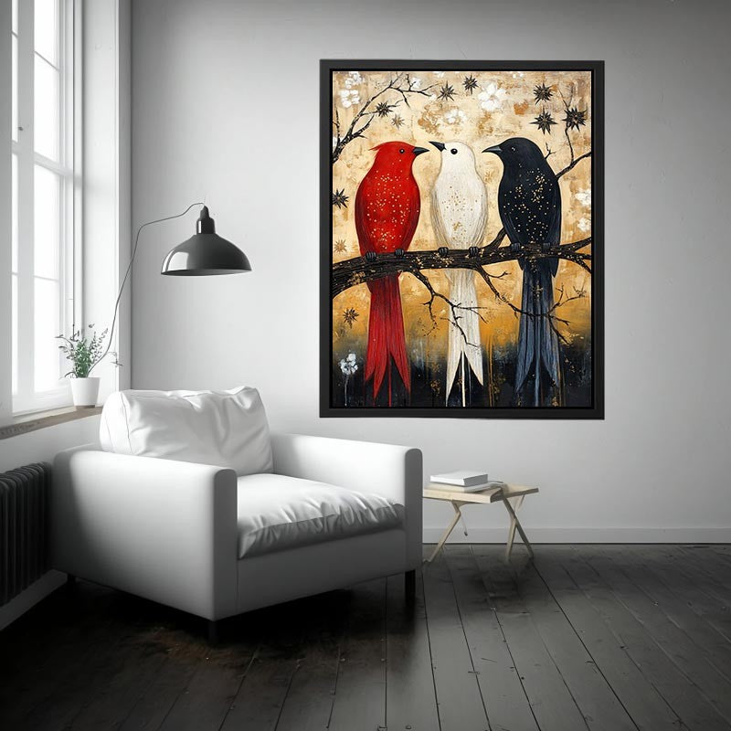 Rustic three birds Canvas Print with red black and white tones