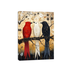 Rustic three birds Canvas Print with red black and white tones