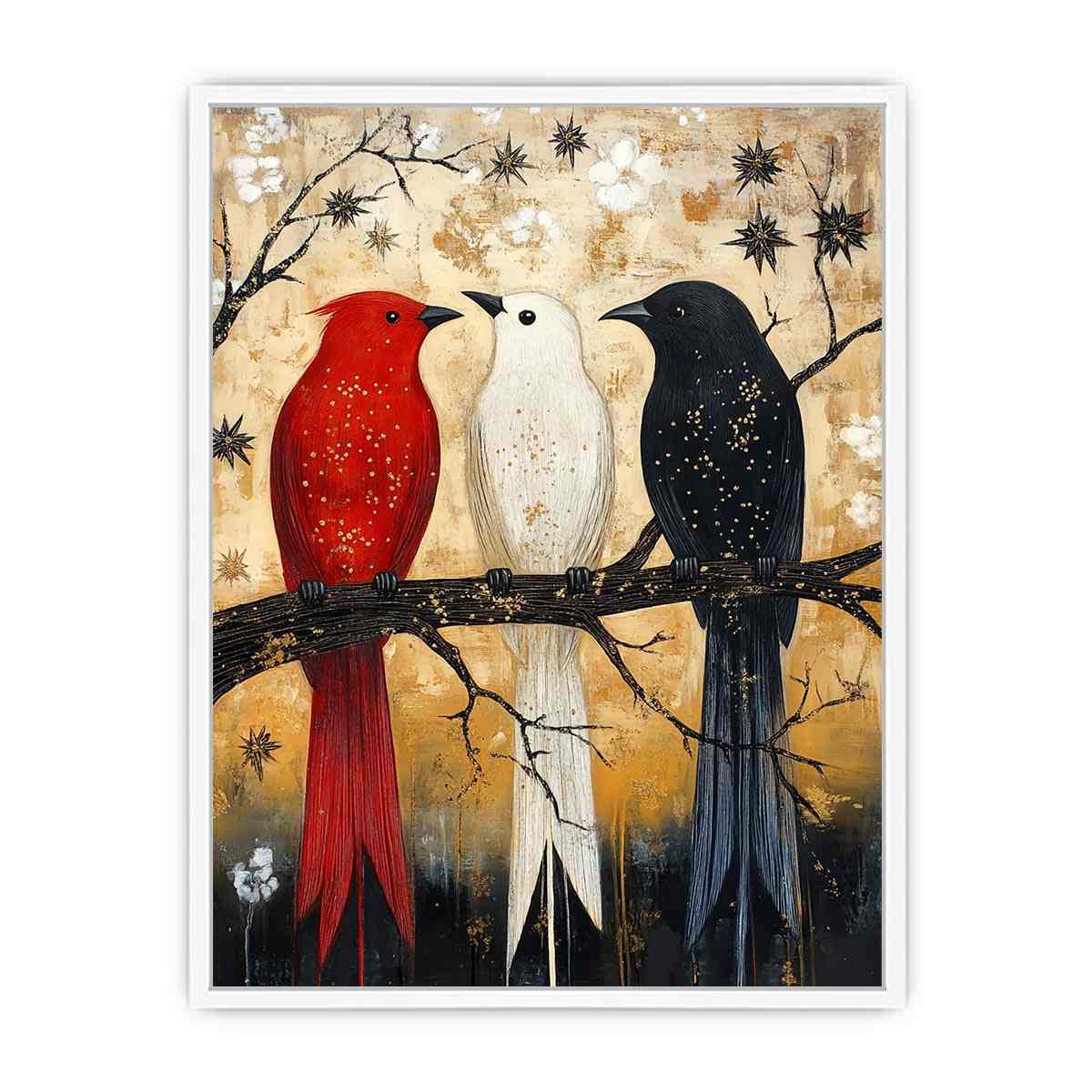 Rustic three birds Canvas Print with red black and white tones