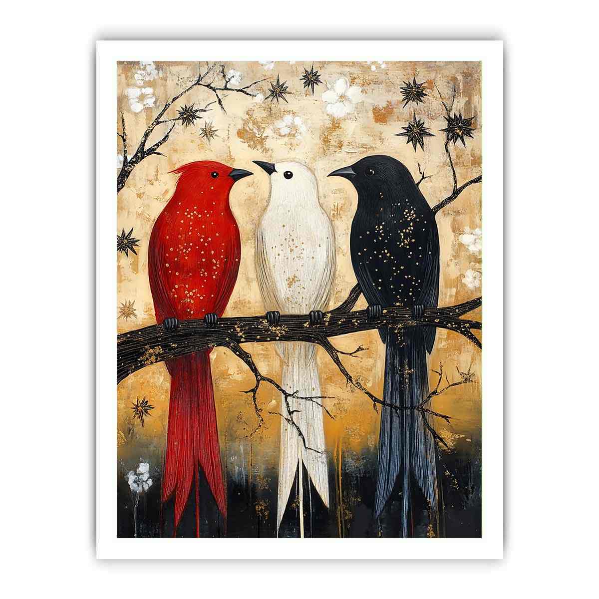 Rustic three birds Canvas Print with red black and white tones