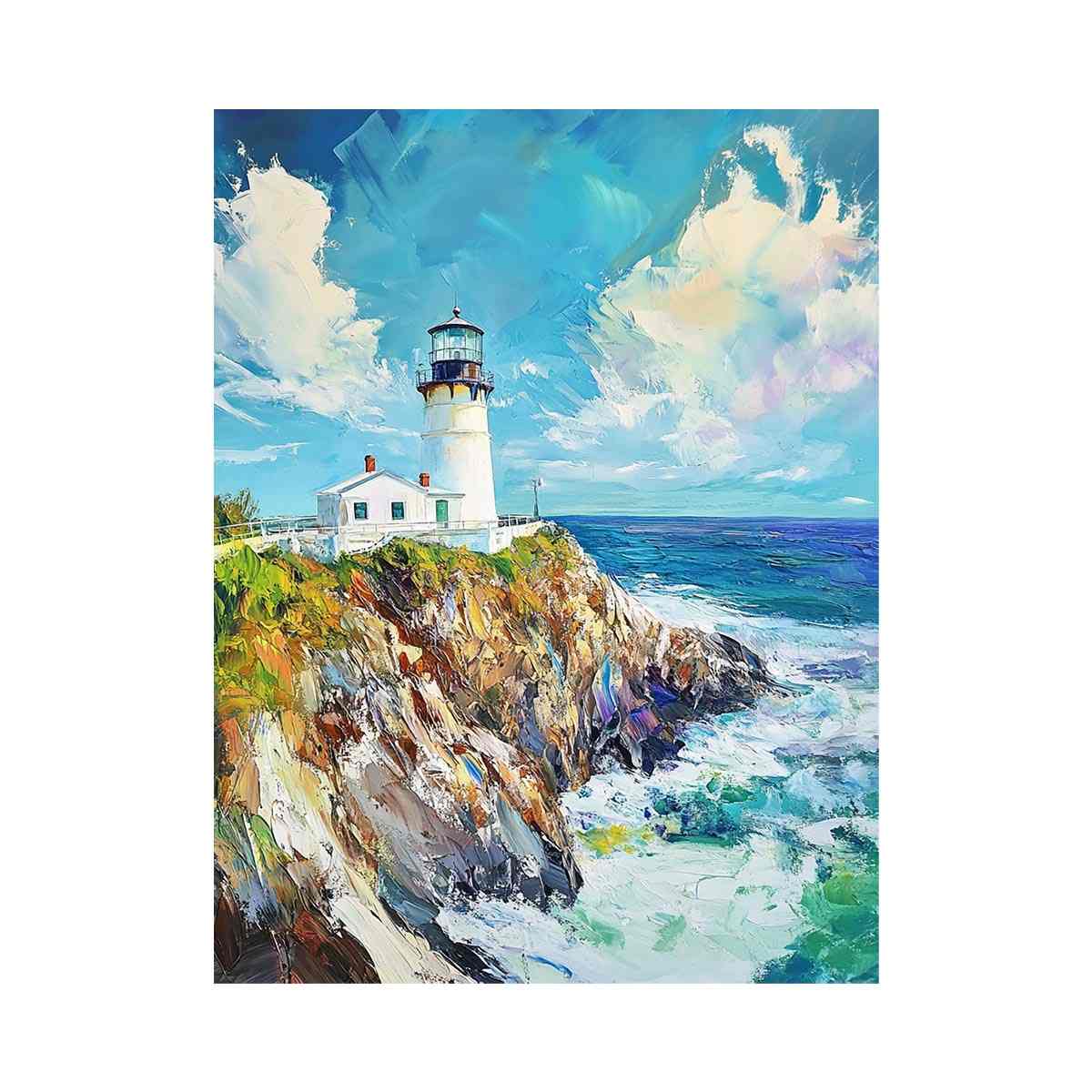 Bright coastal lighthouse canvas art for beach house or living room decor.