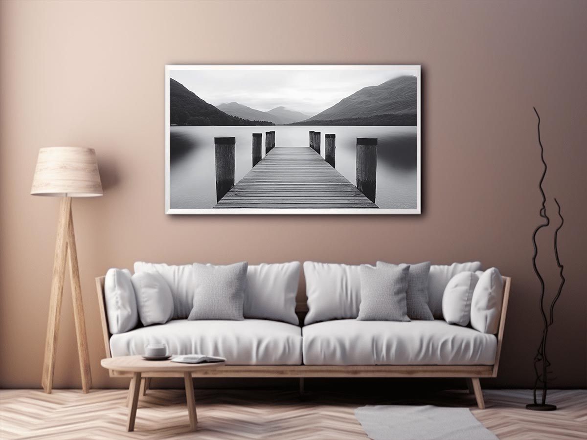 Black and white lake pier Canvas Print