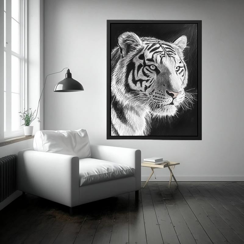 Black and white white tiger canvas art for bold office or living room decor.