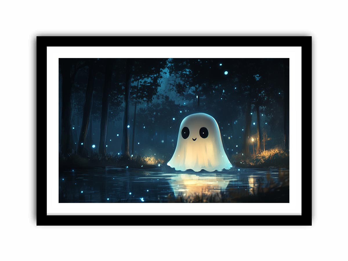 Cute glowing ghost forest Canvas Print with blue fireflies