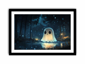 Cute glowing ghost forest Canvas Print with blue fireflies