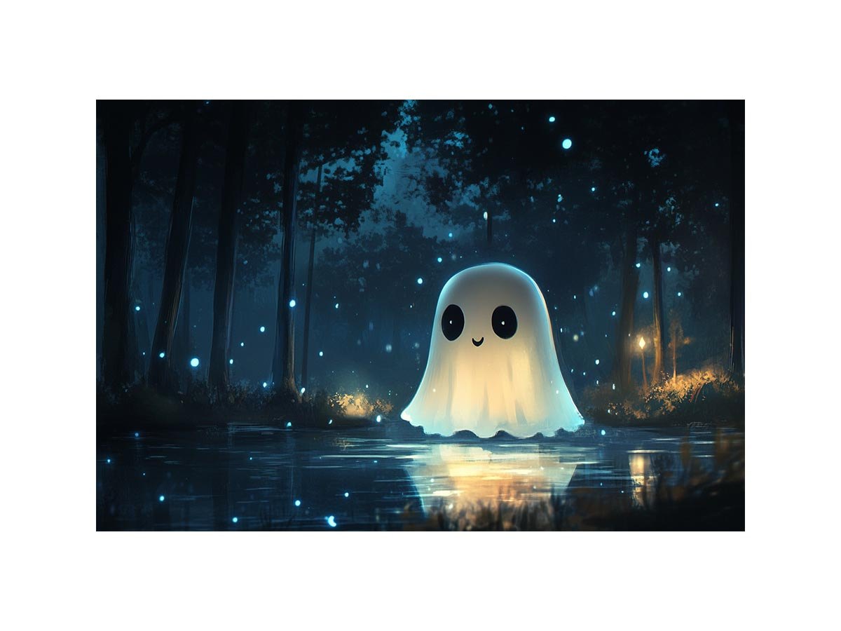 Cute glowing ghost forest Canvas Print with blue fireflies