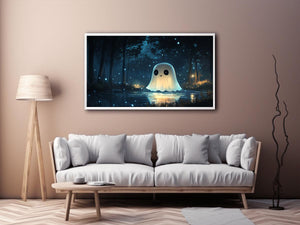 Cute glowing ghost forest Canvas Print with blue fireflies