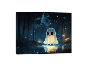 Cute glowing ghost forest Canvas Print with blue fireflies