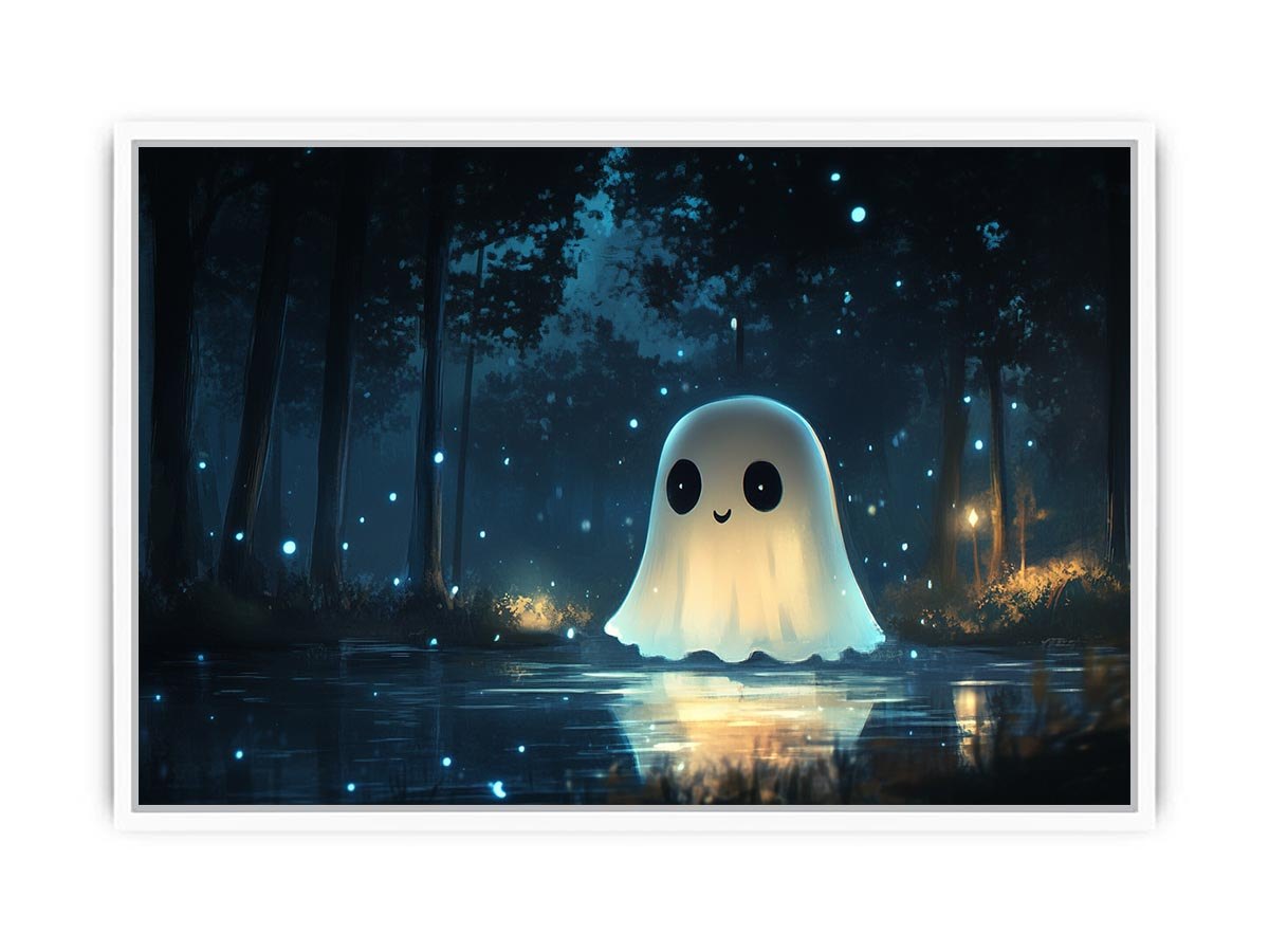 Cute glowing ghost forest Canvas Print with blue fireflies