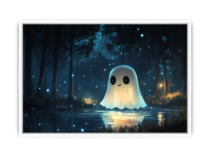 Cute glowing ghost forest Canvas Print with blue fireflies