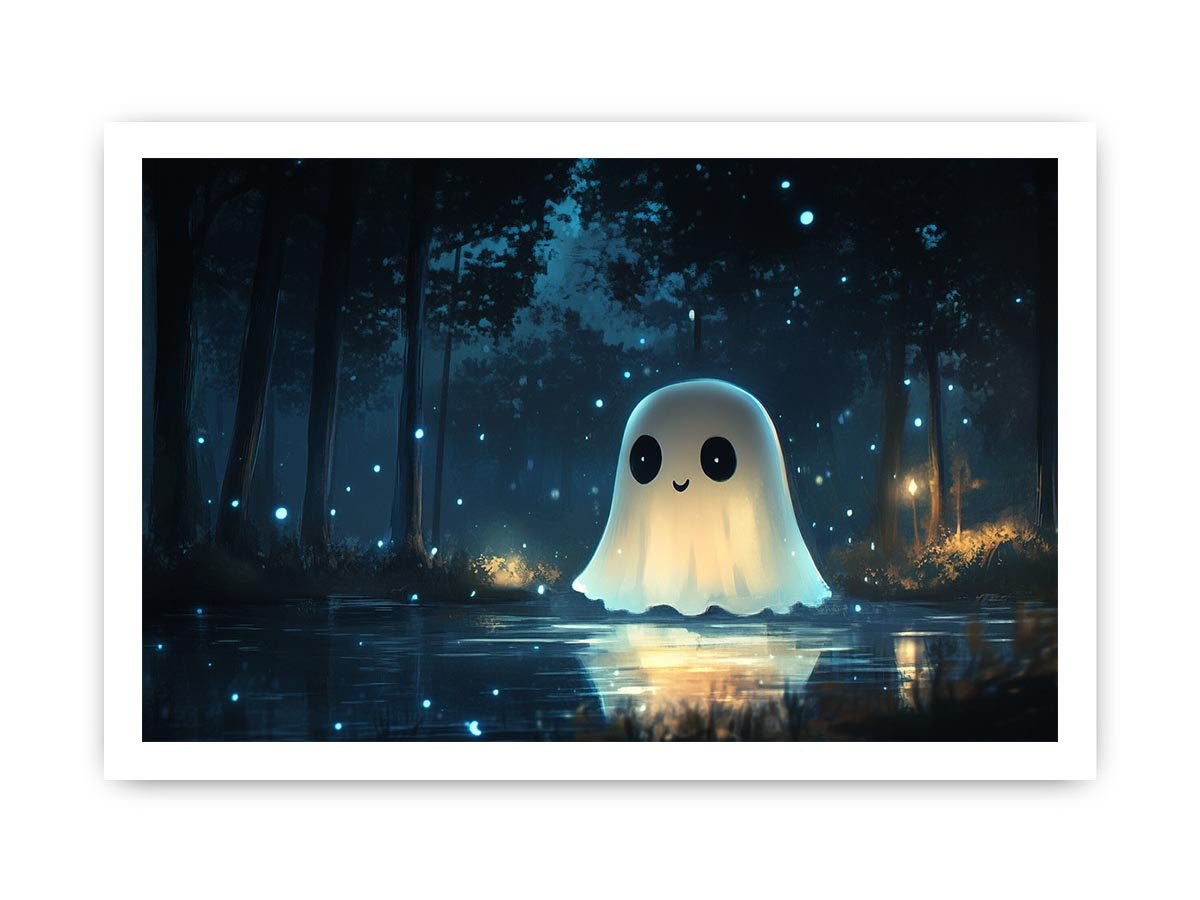Cute glowing ghost forest Canvas Print with blue fireflies