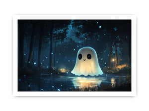 Cute glowing ghost forest Canvas Print with blue fireflies