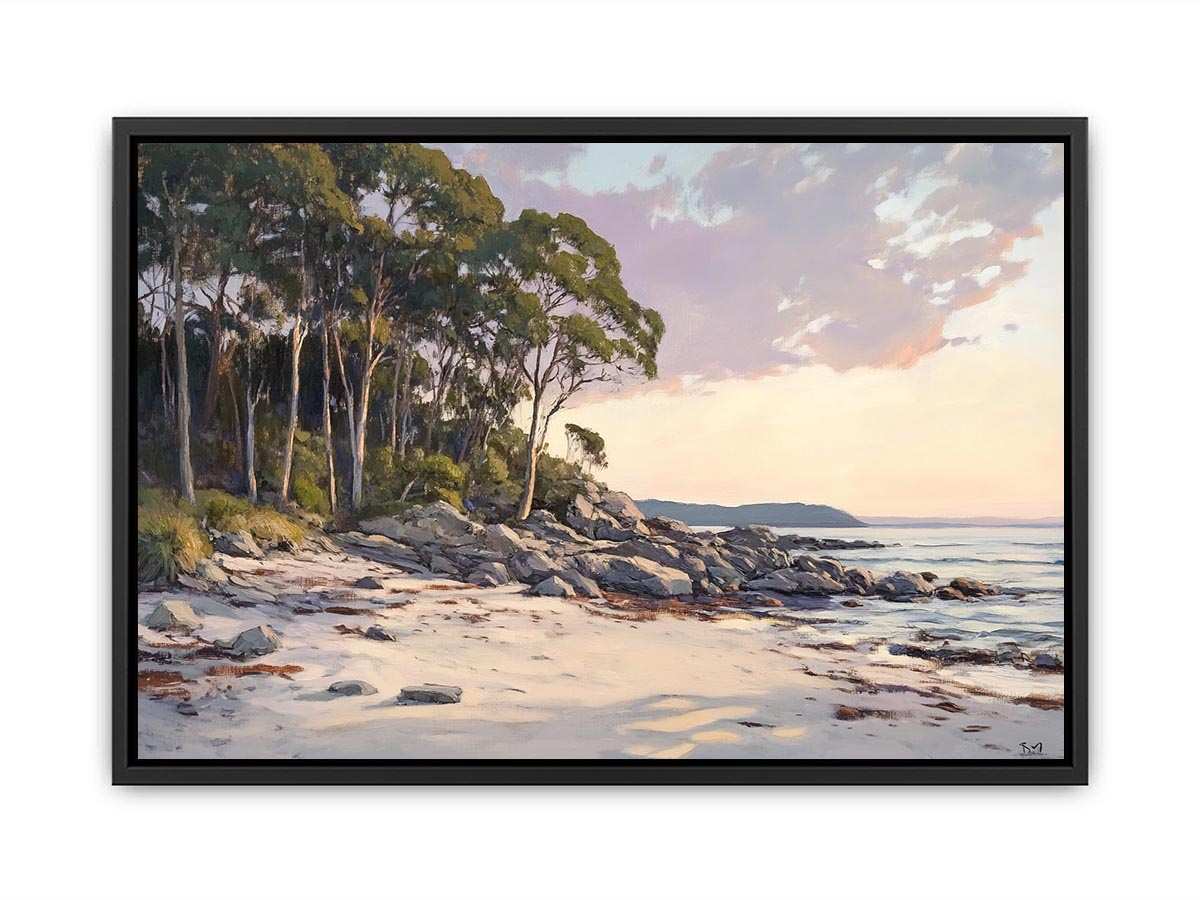 Soft coastal beach painting with eucalyptus trees