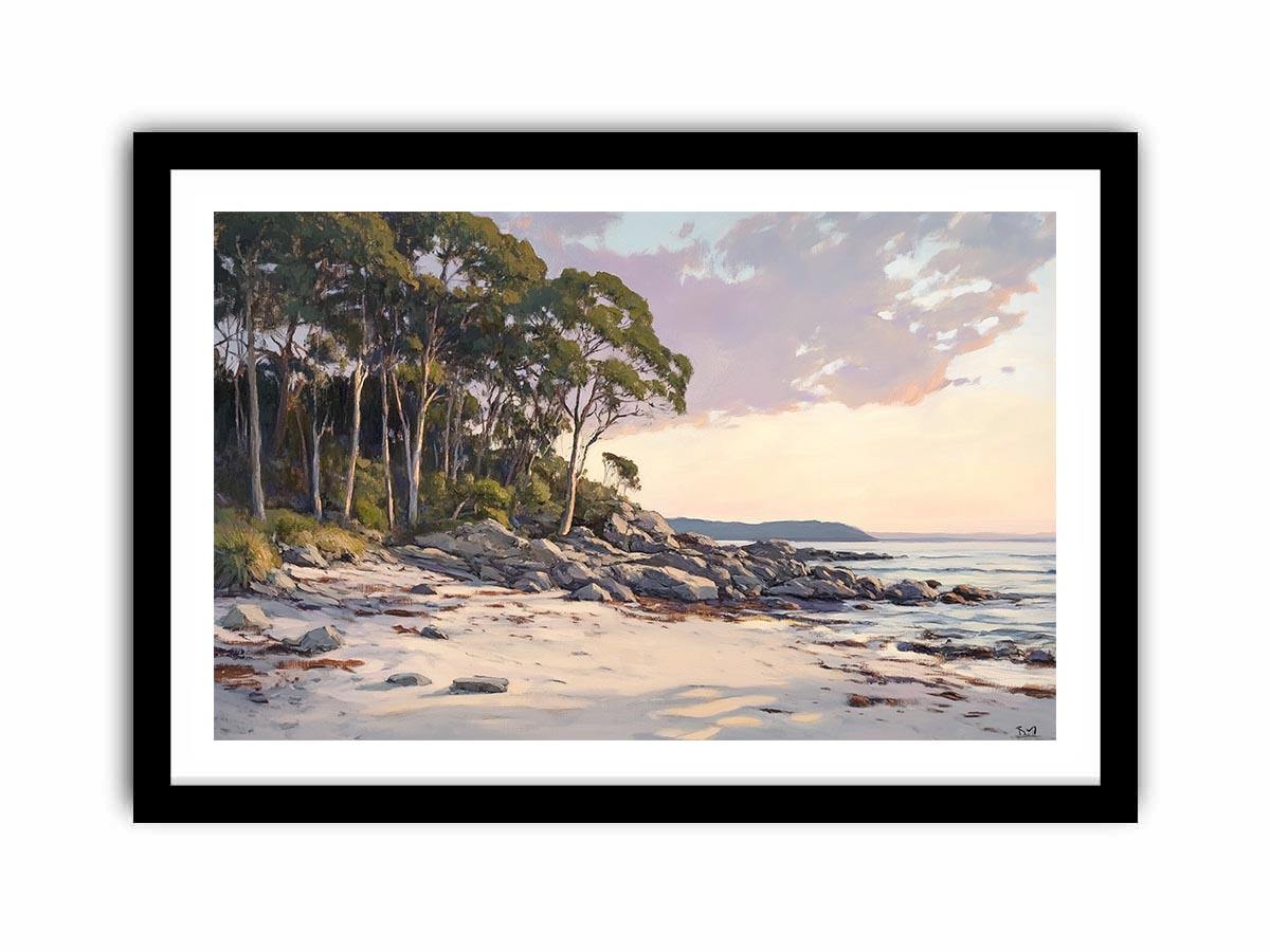 Soft coastal beach painting with eucalyptus trees