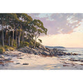 Soft coastal beach painting with eucalyptus trees