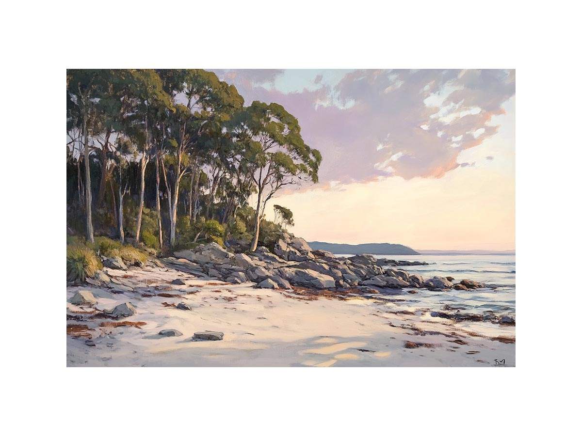 Soft coastal beach painting with eucalyptus trees