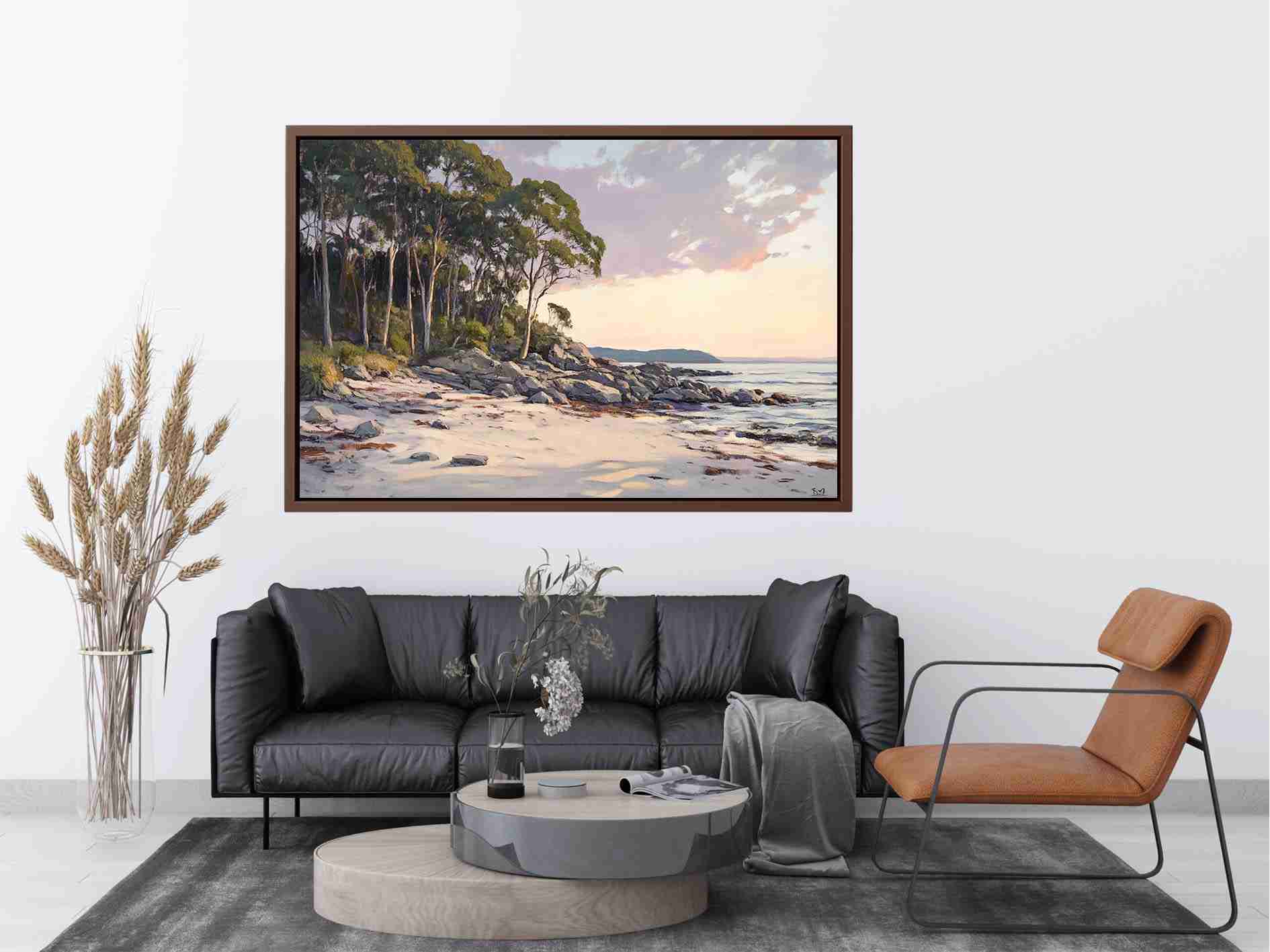 Soft coastal beach painting with eucalyptus trees
