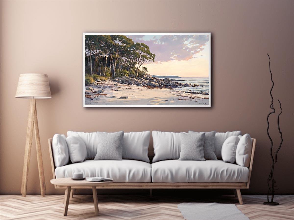 Soft coastal beach painting with eucalyptus trees