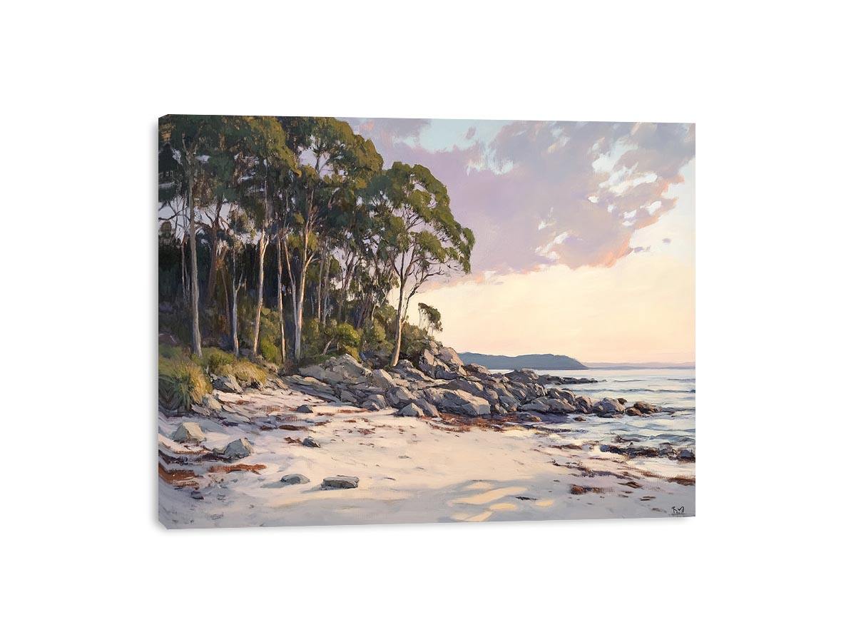 Soft coastal beach painting with eucalyptus trees