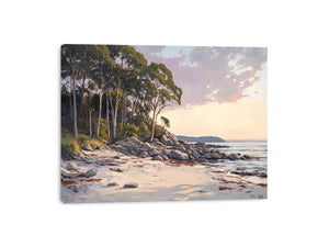 Soft coastal beach painting with eucalyptus trees