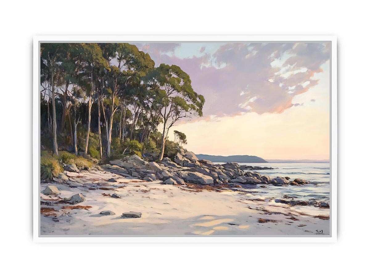 Soft coastal beach painting with eucalyptus trees