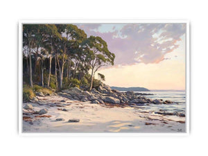 Soft coastal beach painting with eucalyptus trees